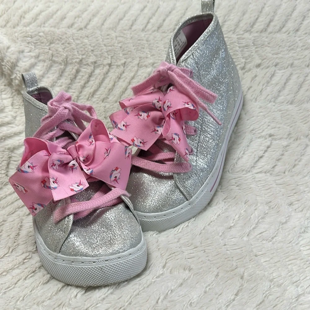 Jojo Siwa high top glitter sneakers with unicorn ribbon laces Girls Sz 3
